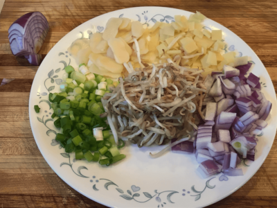 scallions, bean sprouts, red onion, water chestnuts and bamboo shoots for Chicken Fried Rice