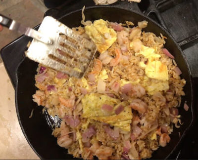 add fried egg and shrimp