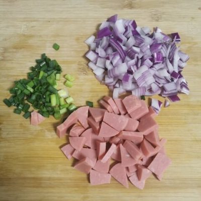 ham, scallions, and red onion for egg fried rice