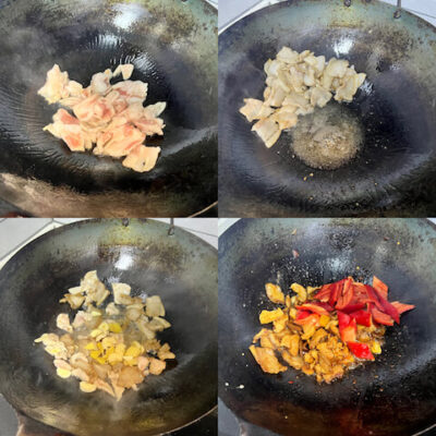 Cook the lean pork over low heat until it changes color, then add the ginger, garlic, and bean paste. Finally, add the peppers.