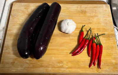 Fresh ingredients for Chinese steamed eggplant with garlic sauce