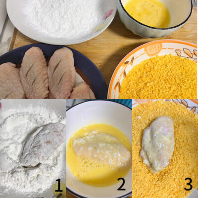 dip the wings in corn starch, then egg, then bread crumbs