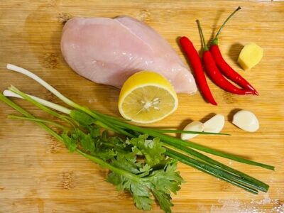 Fresh ingredients for shredded lemon chicken