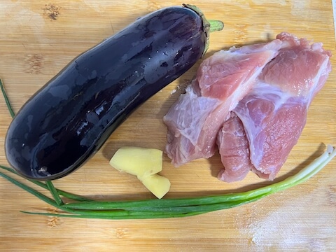 Pork, ginger, scallion, and Chinese or baby eggplant for Lantern Eggplant