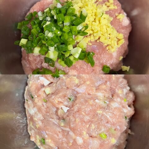 Grind the pork, mix with salt, and beat the ball until it is sticky. Add wine and thick starch water and mix into the meat, then add the chopped scallion and ginger and mix thoroughly.